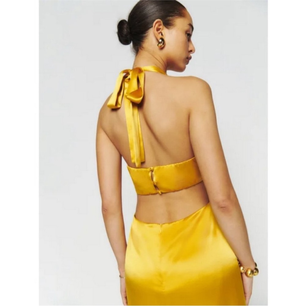 Reformation dress: gold event dress. Halter top (size 4). FRESHLY DRY CLEANED - Picture 4 of 11
